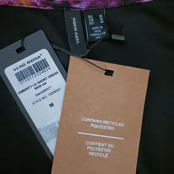 NEW VERO‎ MODA Britt Ruffle Long Sleeve Dress in Black/Purple Multi, Size M - Picture 8 of 14